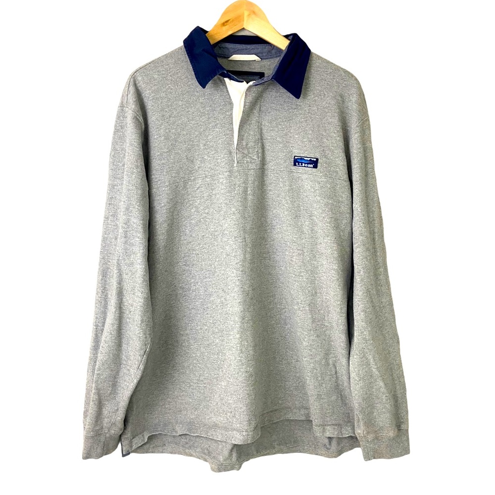 L.L. Bean Men's Lakewashed Logo Rugby Long Sleeve Polo Shirt Grey Size L